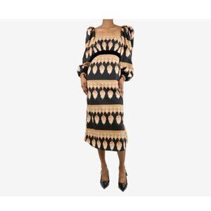 JOHANNA ORTIZ Black Symbolic Emblems Velvet Trimmed Printed Cotton Midi Dress 4
